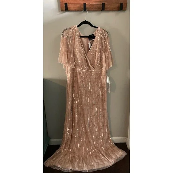 Mac Duggal Blush Pink Embellished Cap Sleeve Faux Wrap Trumpet Gown Dress 14 - Picture 5 of 13